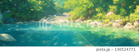 森の小さな湖の風景、アニメ風 130524771