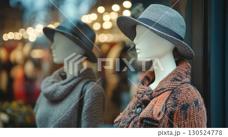Two mannequins dressed in cozy winter knitwear and stylish hats are displayed in a boutique window with warm bokeh lights in the background Two mannequins dressed in cozy winter knitwear and stylish hats are displayed in a boutique window with warm bokeh lights in the background 130524778