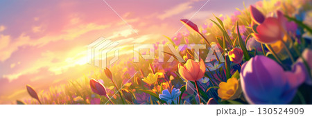 夕焼けとチューリップ、アニメ風 夕焼けとチューリップ、アニメ風 130524909