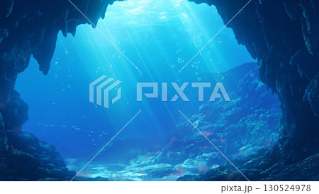 深い海中の洞窟、アニメ風 130524978
