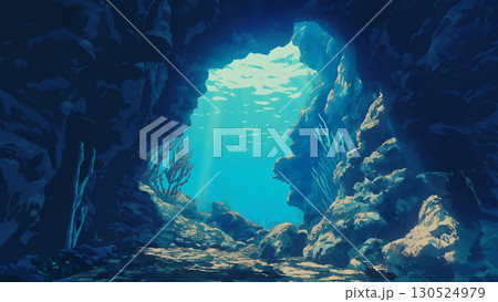 無人の海中の洞窟、アニメ風 130524979