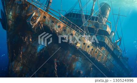 錆びた沈没船、アニメ風 130524996