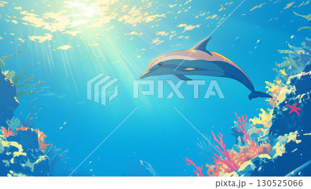 珊瑚礁の海のイルカ、アニメ風のイラスト素材 [130525066] - PIXTA