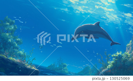海中を進むイルカ、アニメ風 130525069