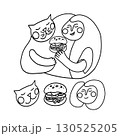 Line art, cute cartoon cat and girl eating hamburger, invitation card, advertising or print, ready logo for your animal projects. 130525205
