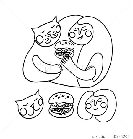 Line art, cute cartoon cat and girl eating hamburger, invitation card, advertising or print, ready logo for your animal projects. Line art, cute cartoon cat and girl eating hamburger, invitation card, advertising or print, ready logo for your animal projects. 130525205