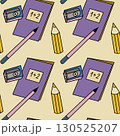 Seamless pattern with study books, pens and pencils, stationery for study, digital illustration. 130525207
