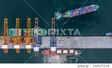 Aerial view container cargo ship international port terminal with gantry crane, Global business import export logistic maritime transport by container cargo ship vessel, Container ship cargo freight. 130525214