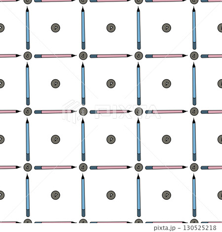 Seamless geometric drawing with pencils and school buttons, squares and polka dots, digital illustration. Seamless geometric drawing with pencils and school buttons, squares and polka dots, digital illustration. 130525218