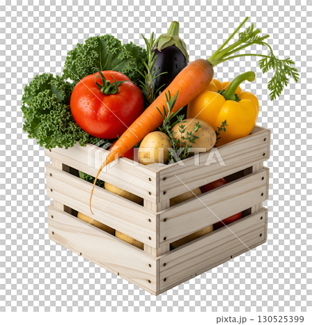 Fresh, juicy vegetables: broccoli, carrots, tomatoes, peppers, eggplant and lettuce in a wooden box. Isolate. An ideal image for healthy eating websites, blogs, and advertising campaigns. 130525399