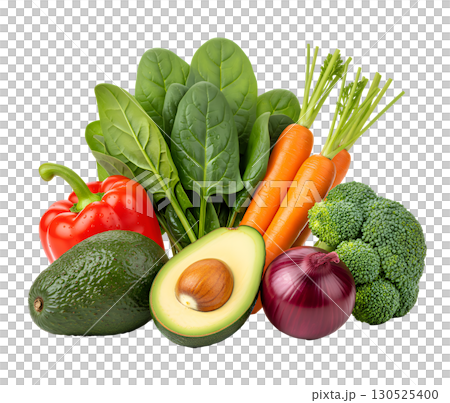Fresh, juicy vegetables: spinach, carrots, avocados, bell peppers, broccoli and onions, laid out on a white background. Isolate. Ideal for healthy food websites, blogs, and advertising campaigns. 130525400