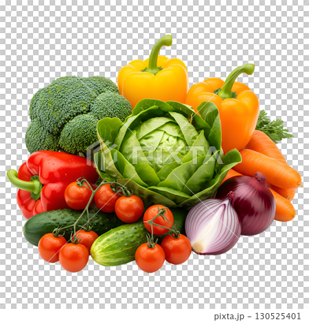 Fresh, juicy vegetables: tomatoes, peppers, eggplant, broccoli, zucchini, carrots and red onions with drops of water. Isolate. Ideal for healthy food websites, blogs, and advertising campaigns. 130525401