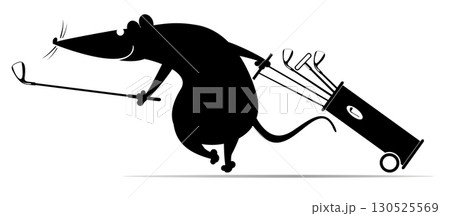 Funny rat or mouse goes to play golf. Cartoon rat or mouse with a golf club and bag going to play golf. Black and white illustration Funny rat or mouse goes to play golf. Cartoon rat or mouse with a golf club and bag going to play golf. Black and white illustration 130525569
