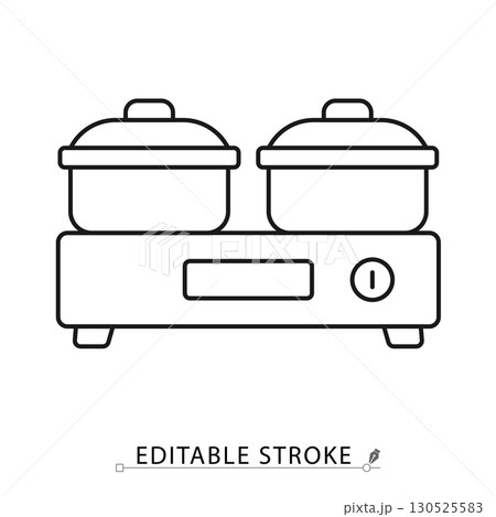 A food warmer icon in minimalist style with editable stroke. Kitchen appliance symbol, meal heating element, buffet object, catering concept, restaurant pictogram, household equipment design A food warmer icon in minimalist style with editable stroke. Kitchen appliance symbol, meal heating element, buffet object, catering concept, restaurant pictogram, household equipment design 130525583