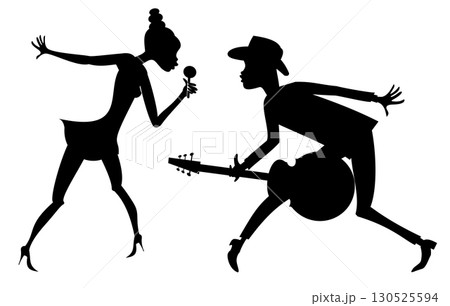Art silhouette of guitarist man and singer woman.  Couple musicians. Man plays guitar and singer woman sings to microphone. Black on white background 130525594