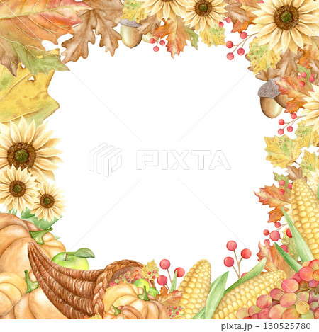 Watercolor square frame with hand drawn autumn illustrations:cornucopia,pumpkins,sunflowers,dry leaves etc isolated on white background. Suitable for design, printing, decoration of Thanksgiving cards Watercolor square frame with hand drawn autumn illustrations:cornucopia,pumpkins,sunflowers,dry leaves etc isolated on white background. Suitable for design, printing, decoration of Thanksgiving cards 130525780