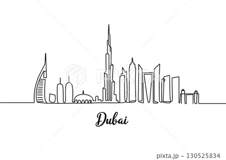 A Continuous Line Drawing of the Dubai City Skyline, Including the Burj Khalifa 130525834