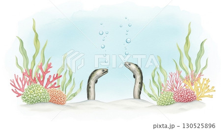 カラフルな海藻に囲まれたチンアナゴの水彩風イラスト カラフルな海藻に囲まれたチンアナゴの水彩風イラスト 130525896