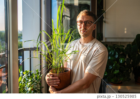 Man holding aromatic lemongrass pot grown indoors on French balcony. Homegrown herbs, plant lover Man holding aromatic lemongrass pot grown indoors on French balcony. Homegrown herbs, plant lover 130525985