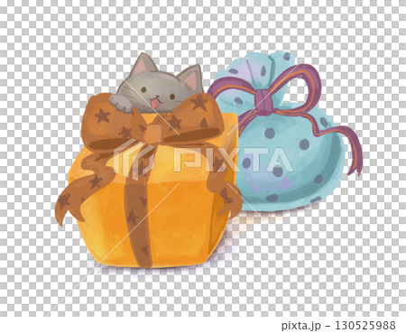 Watercolor illustration of a cat peeking out of a Halloween-colored gift box 130525988
