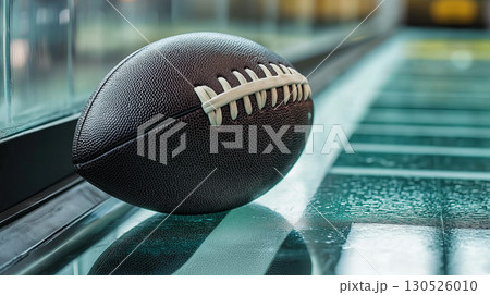 Black and white football rests on side of glass football field, reflecting light Black and white football rests on side of glass football field, reflecting light 130526010