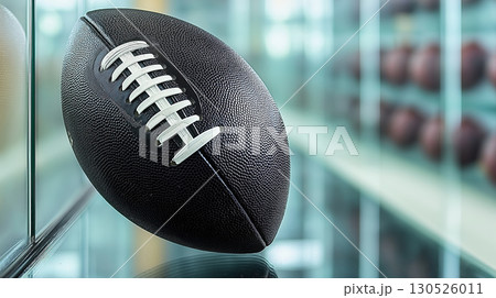 Black and white football rests on reflective glass surface, creating sleek and modern look 130526011