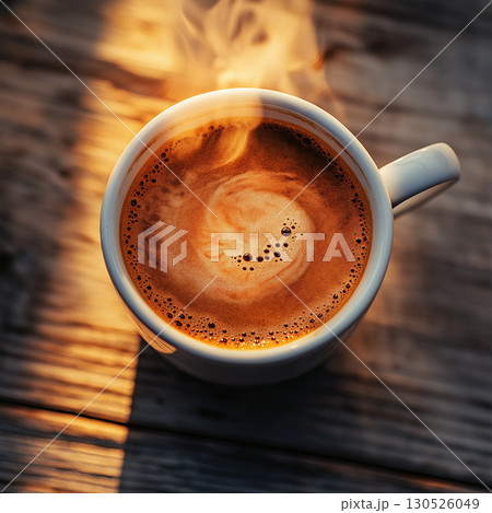 Steaming cup of black coffee sits on rustic wooden table, bathed in warm sunlight 130526049