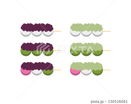 横から見たあんこが乗った白団子、よもぎ団子、三色団子のアイコンのイラストのセット 130526081