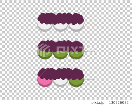 あんこが乗った白団子、よもぎ団子、三色団子の横から見たアイコンのイラストのセット 130526082