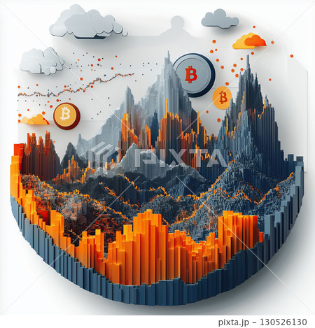 3D illustration of Bitcoin market graph with mountains and clouds, symbolizing volatility and growth 130526130