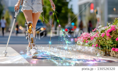 A visually impaired person confidently walking in the city with a smart AI cane. Ideal for inclusive tech, accessibility, and social equality themes. 130526320