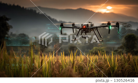 A drone flying above green rice fields during sunset, scanning crops with AI technology. Perfect for agriculture, smart farming, and tech applications. A drone flying above green rice fields during sunset, scanning crops with AI technology. Perfect for agriculture, smart farming, and tech applications. 130526416