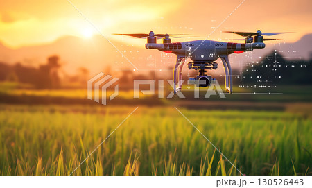 A drone flying above green rice fields during sunset, scanning crops with AI technology. Perfect for agriculture, smart farming, and tech applications. 130526443