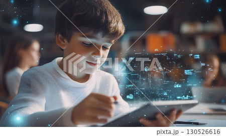 Illustration of a student interacting with an AI tutor application on a tablet showing holographic interface in a modern classroom. Perfect for e-learning and educational technology. 130526616