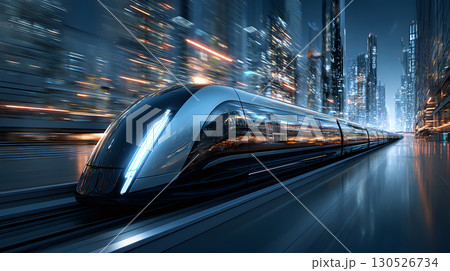 Dynamic illustration of a hyperloop train speeding through a glowing futuristic cityscape. Perfect for urban planning, tech, and transportation themes. 130526734