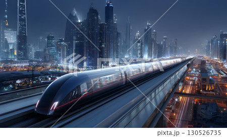 Dynamic illustration of a hyperloop train speeding through a glowing futuristic cityscape. Perfect for urban planning, tech, and transportation themes. 130526735