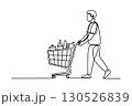 A Continuous One Line Drawing of a Man Pushing a Shopping Cart Full of Groceries 130526839