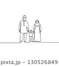 A Continuous Line Drawing of a Happy Muslim Family with a Father, Mother, and Child Holding Hands 130526849