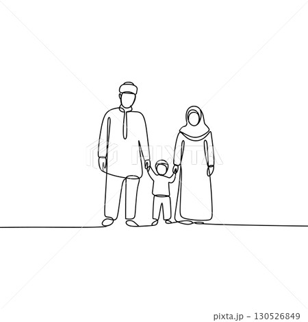 A Continuous Line Drawing of a Happy Muslim Family with a Father, Mother, and Child Holding Hands 130526849
