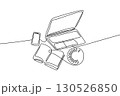 A Continuous Line Drawing of a Work-from-Home Desk with a Laptop, Coffee Cup, Smartphone, and Book 130526850