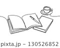 A Continuous Line Drawing of an Open Book, a Pen, and a Coffee Cup 130526852
