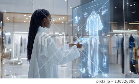 A person stands in front of a holographic mirror trying on digital clothes virtually. Perfect for fashion, retail tech, and shopping innovation themes. 130526880