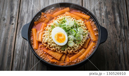 Bubbling Rabokki with Noodles and Egg in Black Pot 130526910