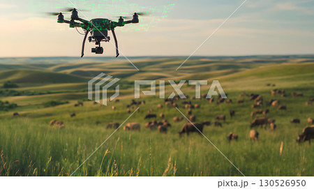 A drone uses AI tracking systems to monitor animals in a lush wildlife preserve. Great for conservation, research, and environmental themes. A drone uses AI tracking systems to monitor animals in a lush wildlife preserve. Great for conservation, research, and environmental themes. 130526950