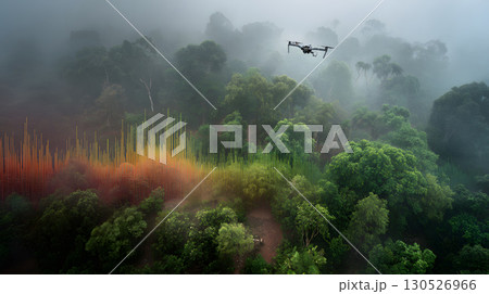 A drone uses AI tracking systems to monitor animals in a lush wildlife preserve. Great for conservation, research, and environmental themes. A drone uses AI tracking systems to monitor animals in a lush wildlife preserve. Great for conservation, research, and environmental themes. 130526966