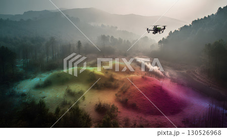 A drone uses AI tracking systems to monitor animals in a lush wildlife preserve. Great for conservation, research, and environmental themes. A drone uses AI tracking systems to monitor animals in a lush wildlife preserve. Great for conservation, research, and environmental themes. 130526968