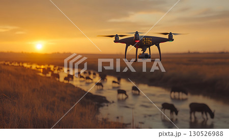 A drone uses AI tracking systems to monitor animals in a lush wildlife preserve. Great for conservation, research, and environmental themes. 130526988