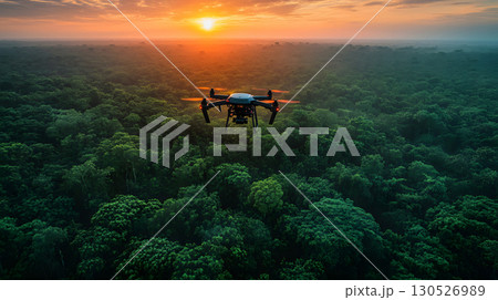 A drone uses AI tracking systems to monitor animals in a lush wildlife preserve. Great for conservation, research, and environmental themes. 130526989