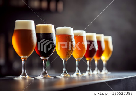 Glasses of various beers with frothy heads stand in a row on a bar counter. Concept of beverage variety. For beer tasting event. 130527383