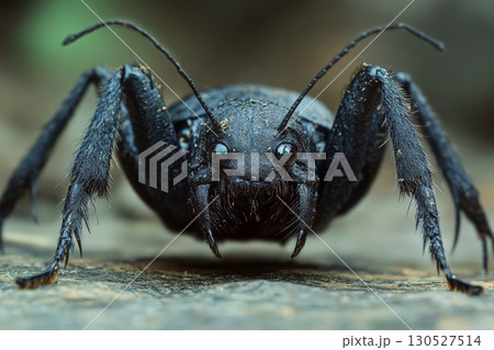 Black ant crawling on a rock, close-up view. Concept of nature and insect detail. For educational nature content 130527514